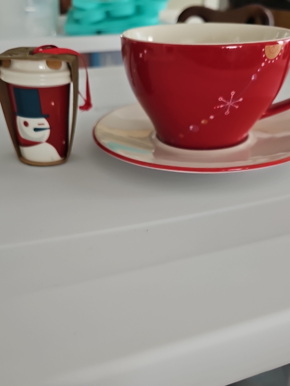 Starbucks 2006 Holiday Cup And Saucer with Ceramic Christmas Orament